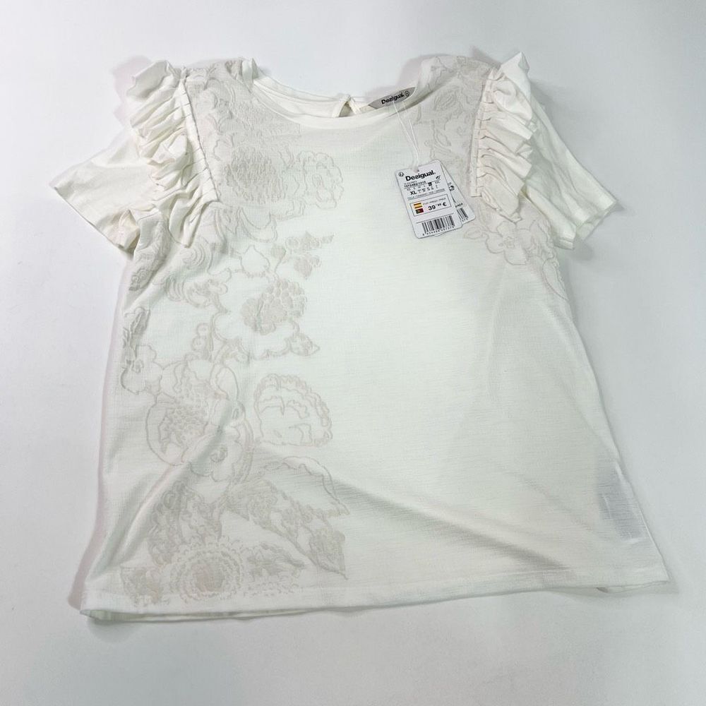 Desigual Blouse Womens Extra Large White Floral Ruffles Short-Sleeve Crew Neck N